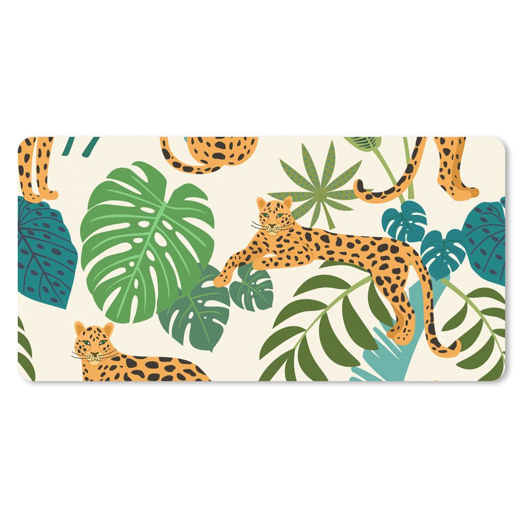 MuchoWow Schreibtischunterlage Dschungel - Leopard - Pflanzen - Muster - Mädchen - Jungen 80x40 cm - XXL Mauspad - Gaming Mauspad