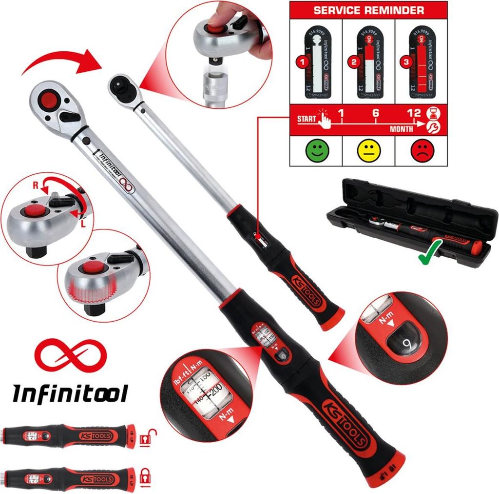 A collage of images showing a torque wrench, its case, and instructional diagrams.
