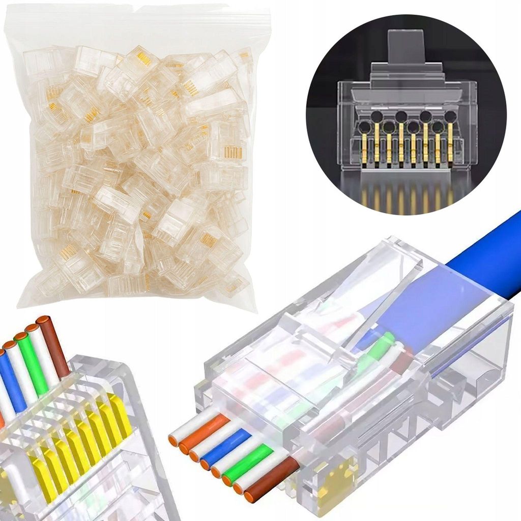 RJ45 Netzwerkstecker 8P8C EasyPass – Durchgangsstecker Cat. 6e | 100 Stück | UTP LAN Kabel | Vergoldete Kontakte