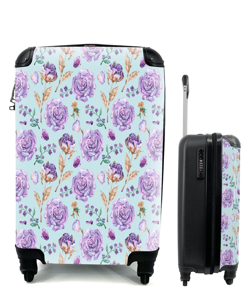 MuchoWow Koffer Handgepäck Trolley Rollkoffer Kleine Reisekoffer mit 4 Rollen - Blumen - Rosen - Lila - Cabin Size < 55x40x23 cm & 55x40x20 cm -...