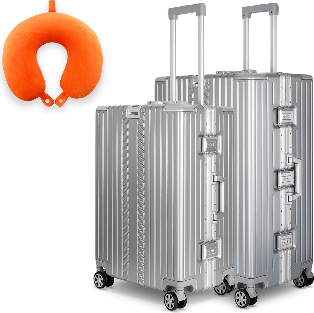 WINLIFE SPARSET Koffer L+XL mit orangefarbenem Nackenkissen 65cm 75cm Hartschalen-Trolley ABS Alu-Rahmen TSA-Schloss leicht & robust Silber
