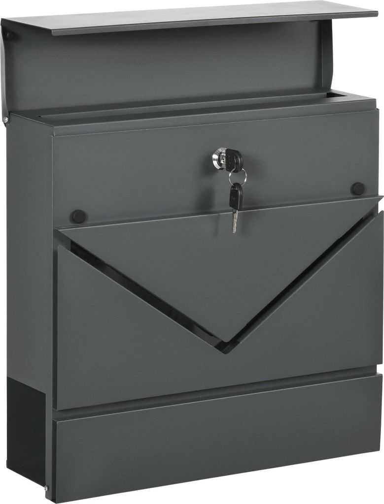 Grauer Briefkasten aus Stahl mit Schloss, Deckel und 2 Abflusslöchern