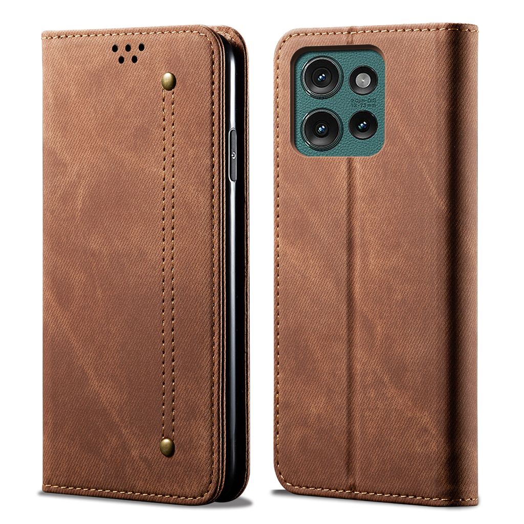 A brown leather flip case for a smartphone is shown from the front and back.