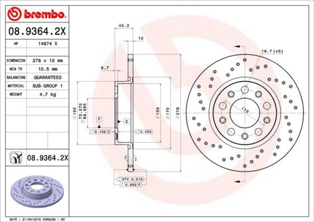 BREMBO 08.9364.2X Bremsscheibe OE 51767377 kompatibel mit Renegade, Compass, 500X, Spider, Giulietta, Brera, Alf. 159