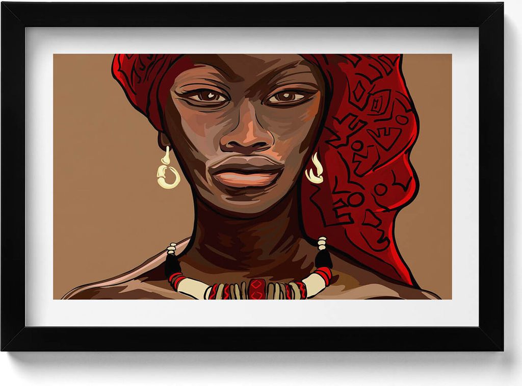 Kunst - Gemälde einer afrikanischen Frau– Wandbild mit Rahmen – Gerahmtes Bild – Wanddekoration – 30x20 cm – Schwarz Rahmen