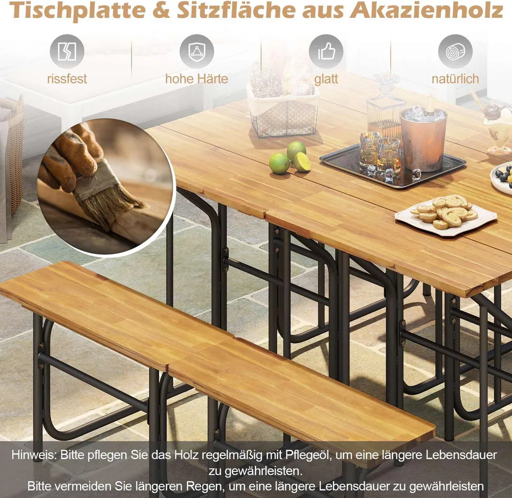 Ensemble table et chaises de balcon en bois d'acacia et métal robuste - 4