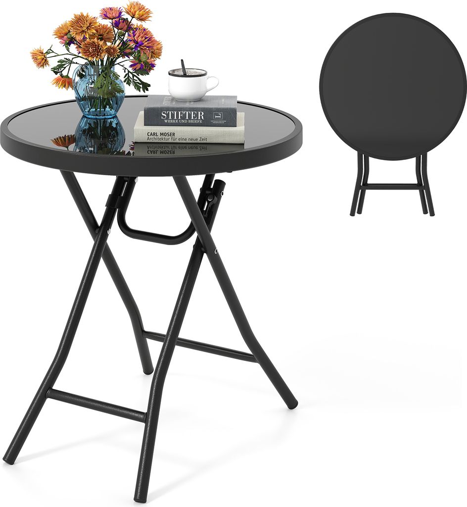 COSTWAY Beistelltisch klappbar, Gartentisch Klapptisch wetterfest, Balkontisch rund mit Tischplatte aus gehärtetem Glas 46x46x48cm Schwarz