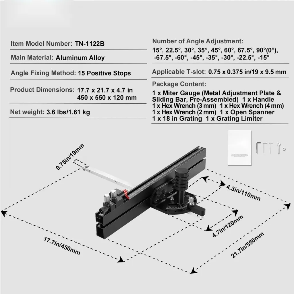 Guide d'onglet de précision 18 pouces pour rainure standard 19x10 mm