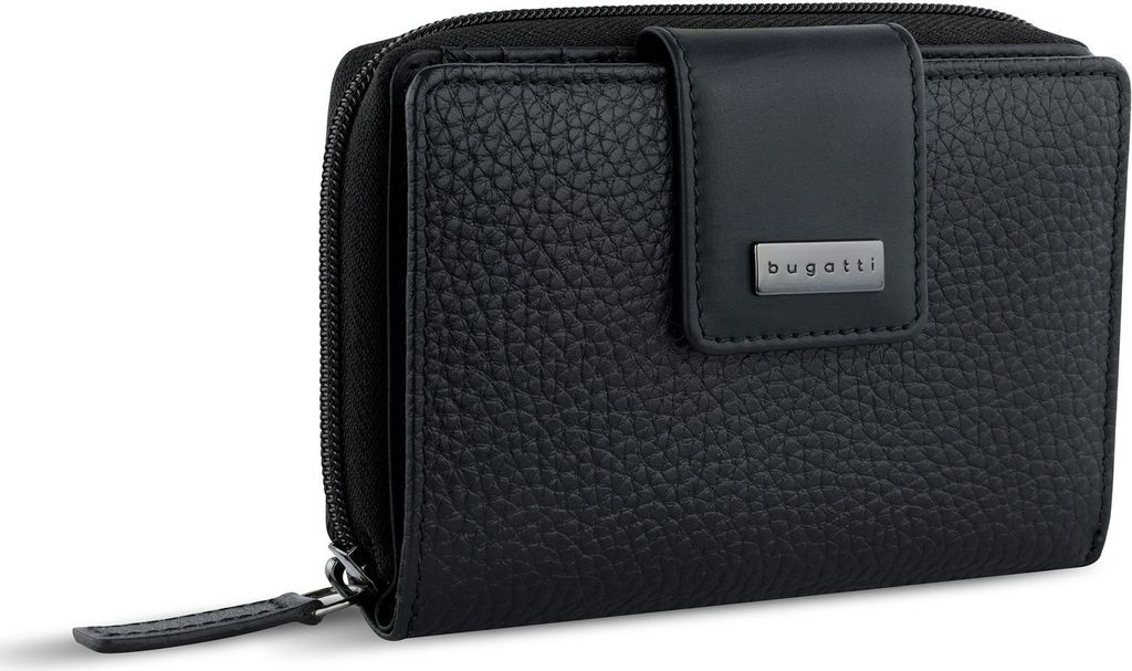 A black leather wallet with a zipper closure and a snap-button flap.