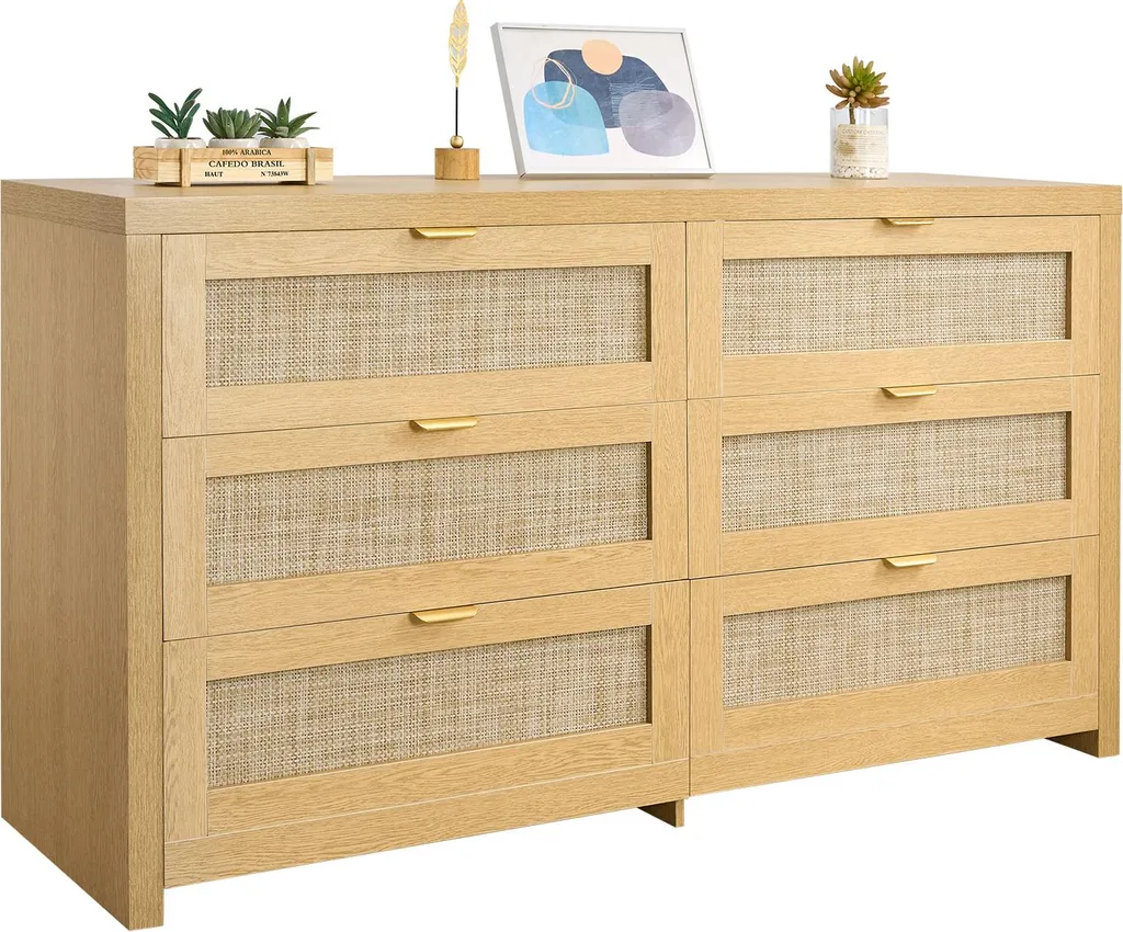 Meuble de rangement chambre en rotin : commode large à 6 tiroirs