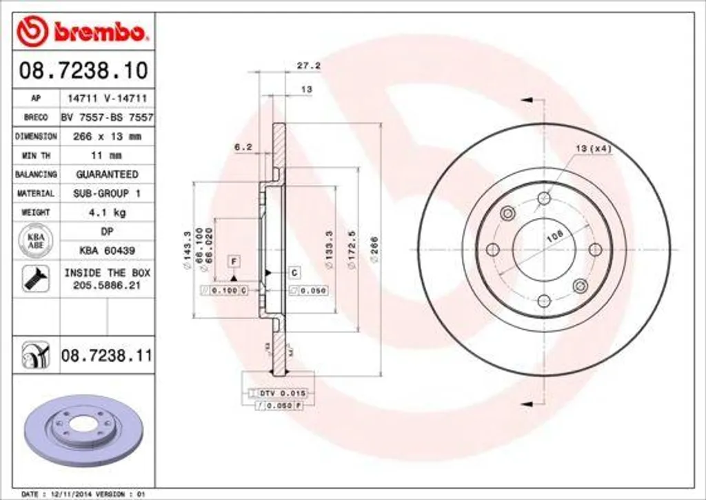 Disque de frein anti-corrosion Brembo 08.7238.11 haute qualité