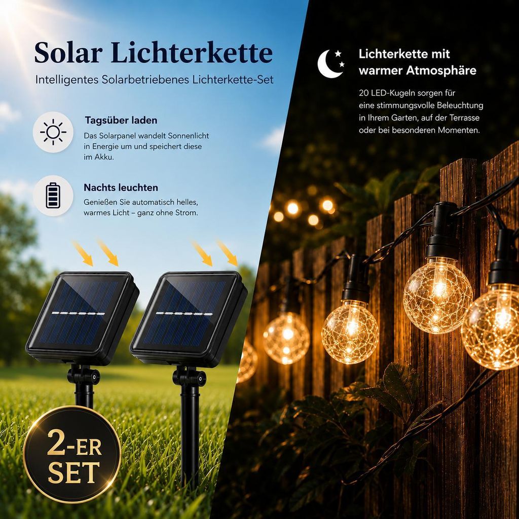 2x  Solar Lichterkette 5m - 20 LED Kristallkugel, warmweiß, Produktbild 
