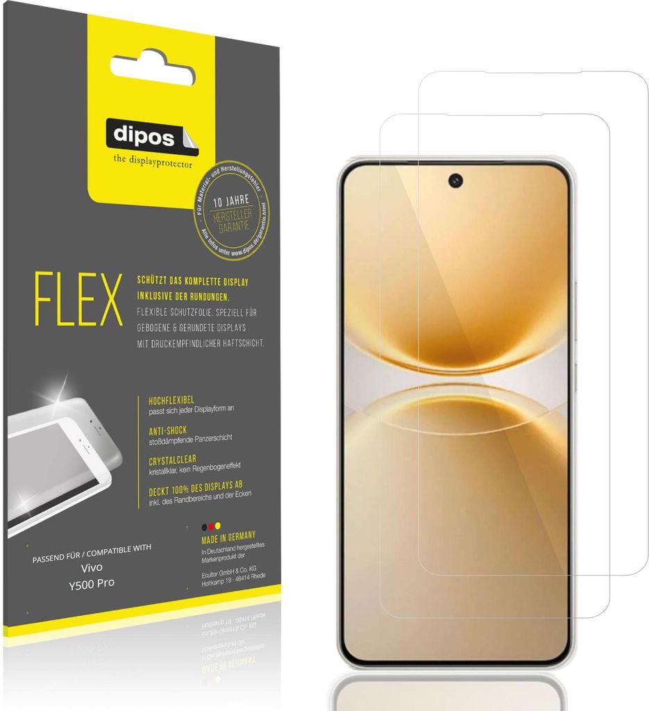 2x Schutzfolie für Vivo Y500 Pro Folie, 100% Displayabdeckung, dipos Flex