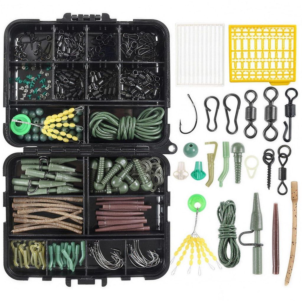 292-tlg Karpfenangelset im Euro-Stil mit Haken, Perlenstoppern, Wirbeln, Hülsen, Bleien für Karpfen, Wels, Schleien und Brassen, Komplette Montagen
