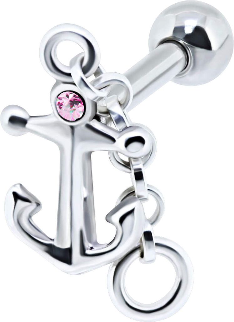 1 Stück Ohrring Helix Ohrpiercing 925 Sterling Silber Kette und Anker mit Glaskristall in pink Verschlusskugel 4mm