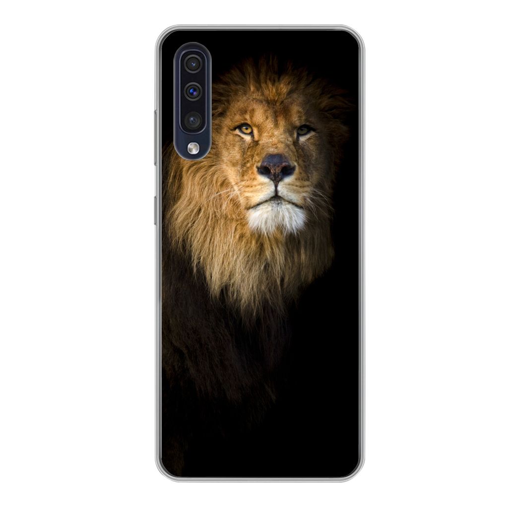 MuchoWow Handyhülle Schutzhülle Hülle für Samsung Galaxy A50 Löwe - Licht - Schwarz - Porträt Silikon Softcase Handy Hülle - Mobiltelefonh...