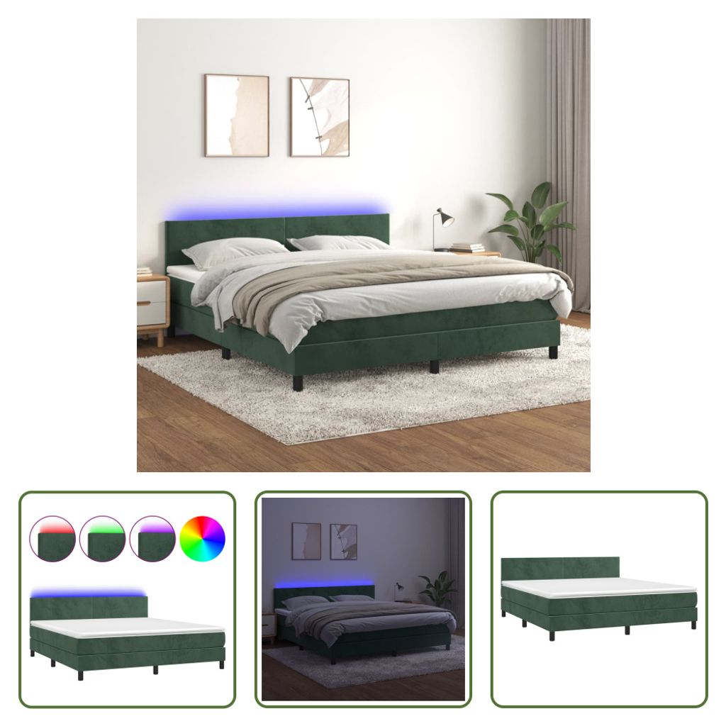 The Living Store Boxspringbett mit Matratze & LED Dunkelgrün 160x200 cm Samt