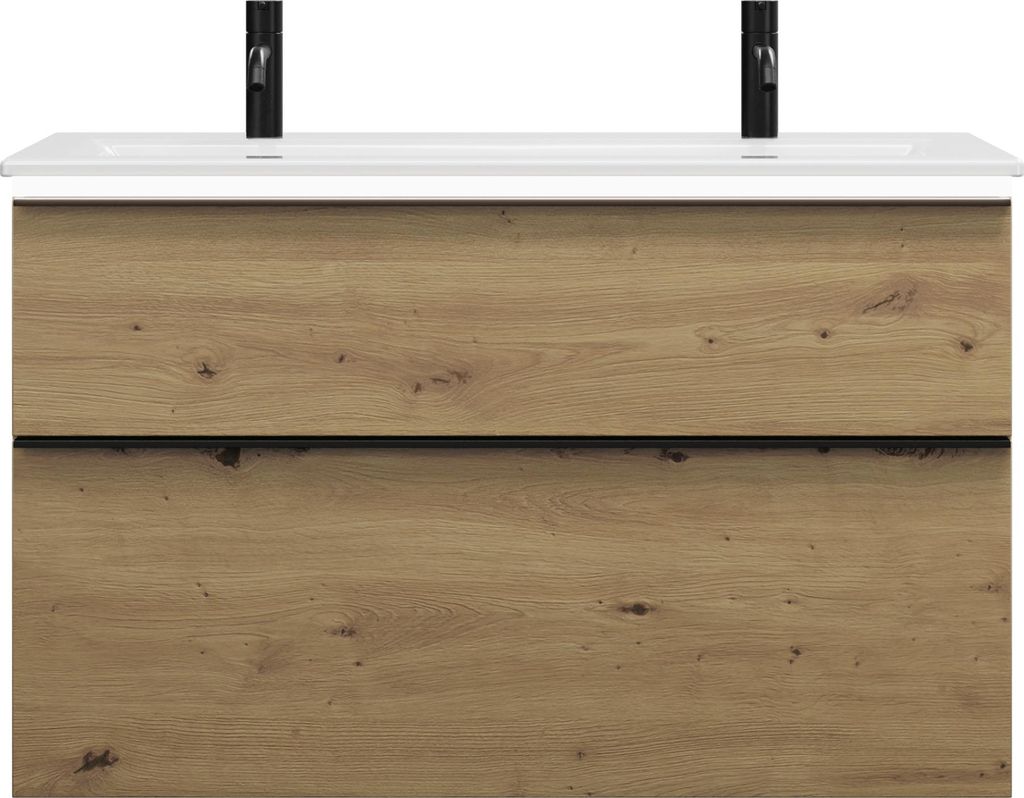 burgbad Eqio Slim Keramik-Waschtisch mit 2 Armaturbohrungen, inklusive Waschtischunterschrank mit LED-Beleuchtung, 1020x490x640mm, SHBW102F5662C000...