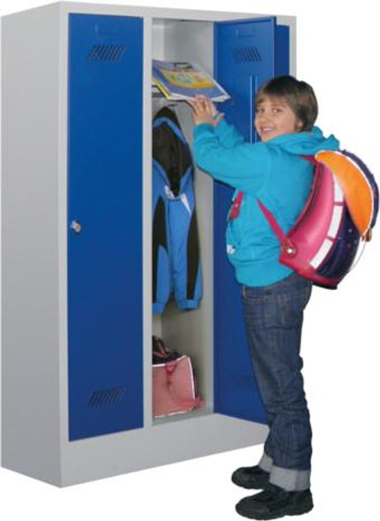 Spindschrank f. Schulen - mit Sockel - Höhe 1.600 mm - 4 Abteile a 300 mm - Drehriegel - resedagrün/enzianblau