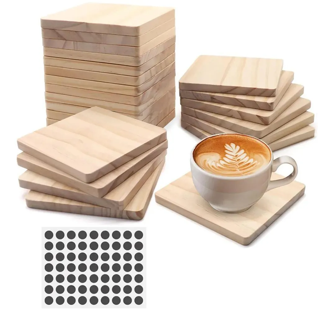 Sous-verres en bois carrés 10 cm avec patins antidérapants - Pin brut