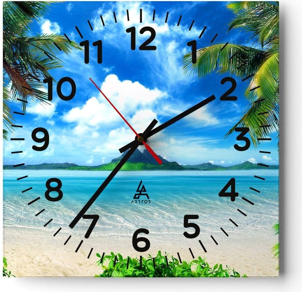 Wanduhr - Quadrat - Glasuhr - Strand Urlaub Insel Palme - 30x30cm - Schleichendes Uhrwerk - Lautlos - zum Aufhängen bereit - Dekoration Modern - W...