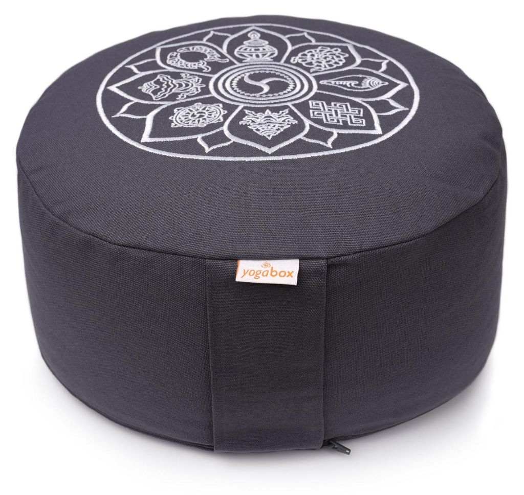 yogabox Meditationskissen Glückssitz 8 Glückverheißende Symbole - grau 33 x 33 x 15 cm Buchweizenschalen