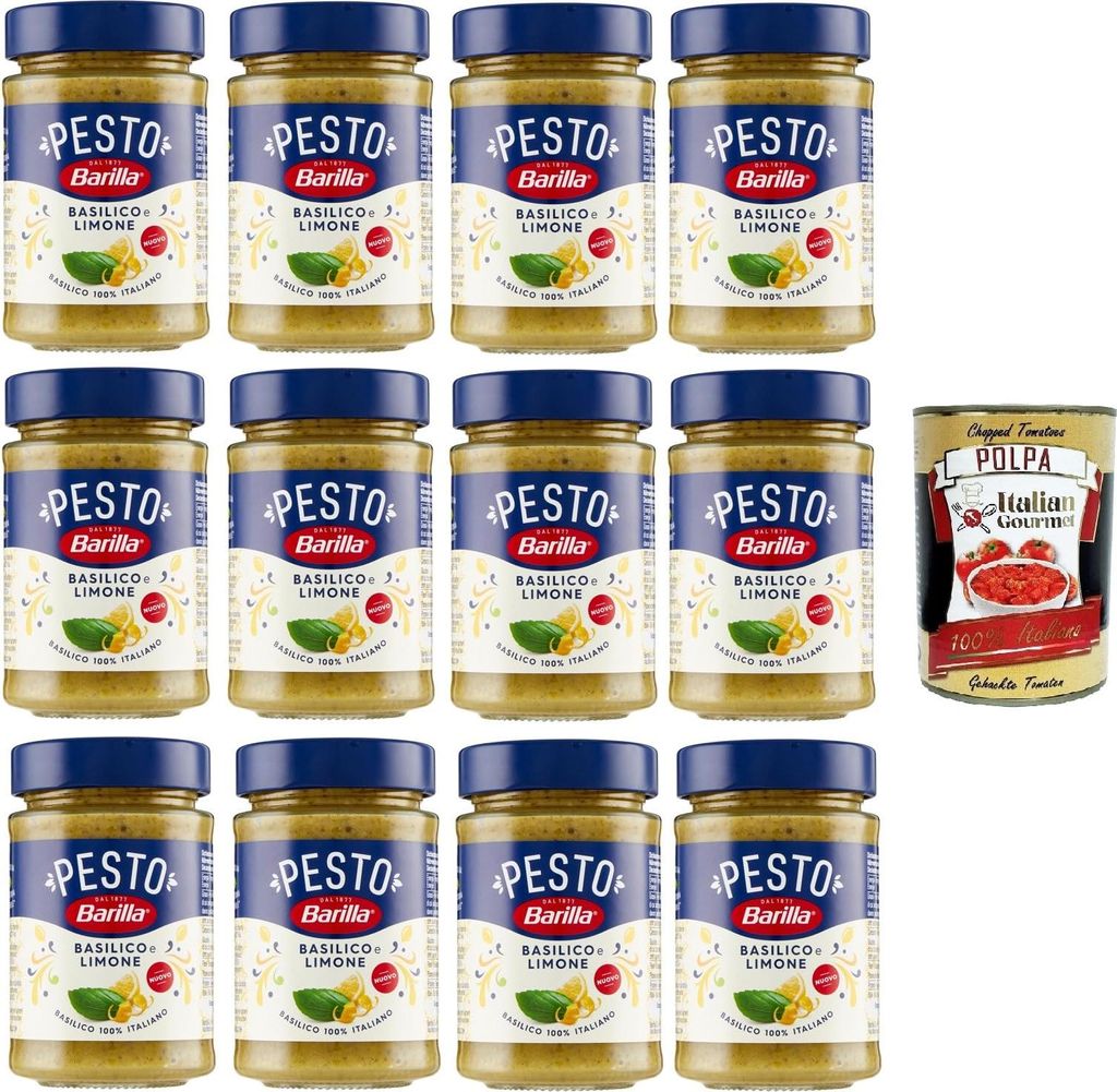 Barilla Pesto Basilico e Limone Condimento e Sugo per Pasta Basilikum-Zitronen-Pesto-Gewürz und Pastasauce 12x190gr + Italian Gourmet polpa 400g