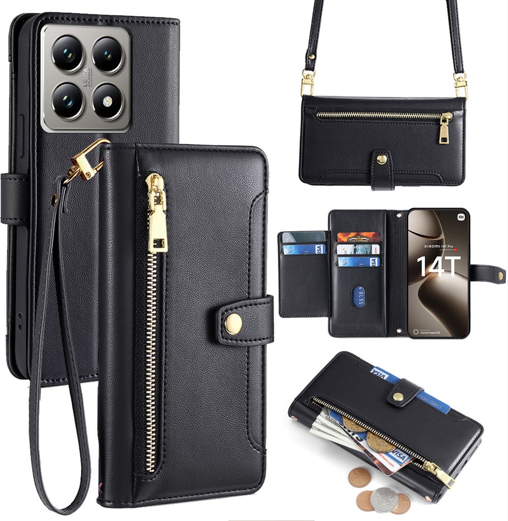 Handykette für Xiaomi 14T Pro – Kunstleder Hülle mit Band, Kartenfächer & Umhängetasche Schwarz