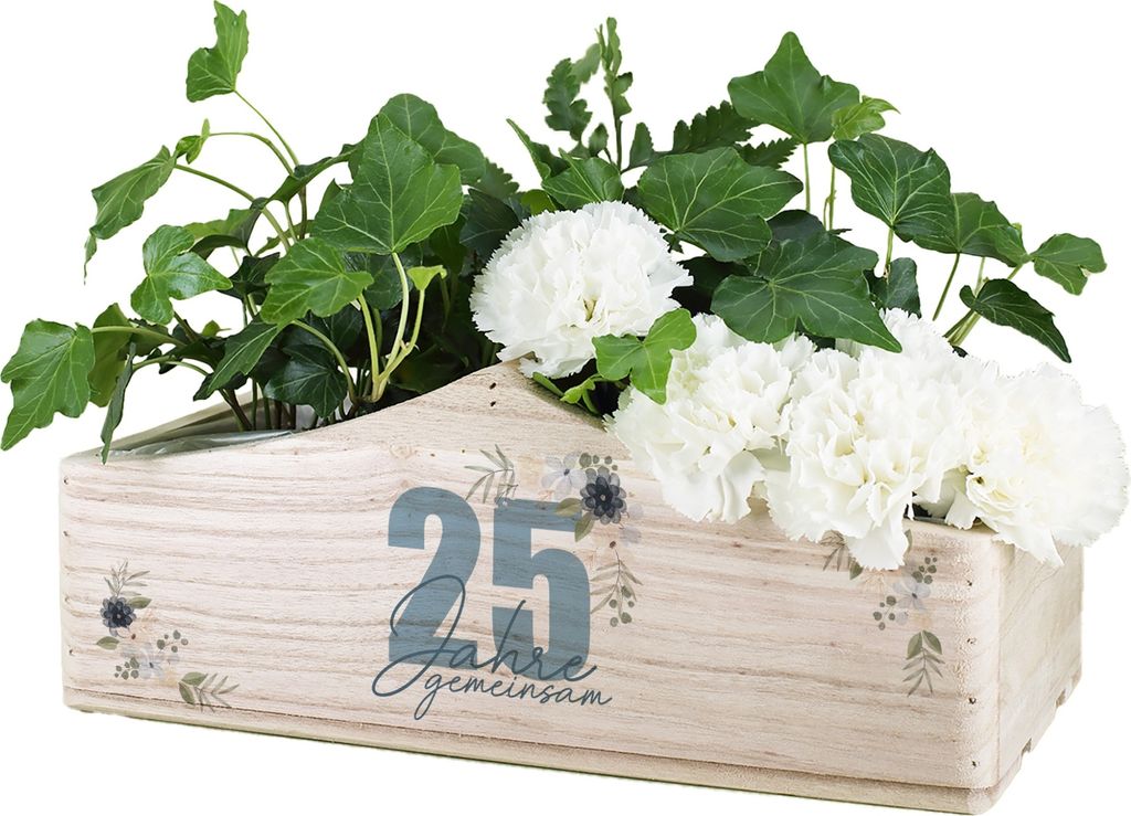 Geschenkkorb aus Holz zur silbernen Hochzeit – Dekorative Geschenkbox mit Aufdruck "25 Jahre" - Pflanzkorb mit Griff für Silberhochzeit