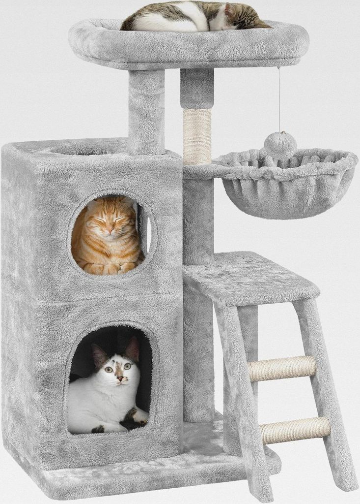 Kratzbaum klein, 94 cm Katzenbaum mit 2 Höhlen, Katzenhaus für Katzen, Stabiler Katzenkratzbaum, Sisalstämme, Hellgrau