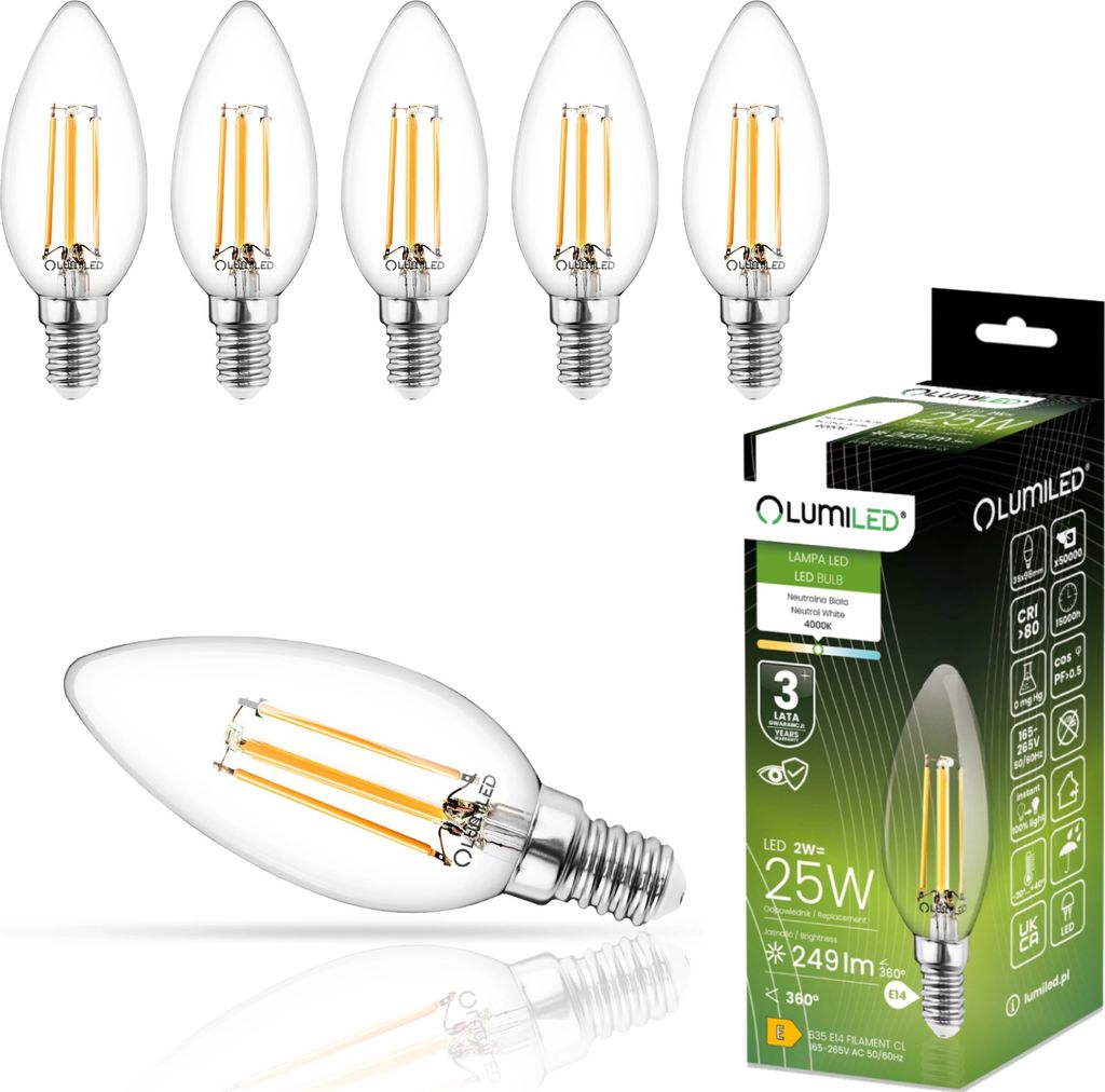 LUMILED 6er-Pack B35 E14 LED Lampe 2W (ersetzt 25W), 249 Lm, Vintage Filament Klar Glas Leuchtmittel Kerze Kerzeform 4000K Neutralweiß Birne Lampe...