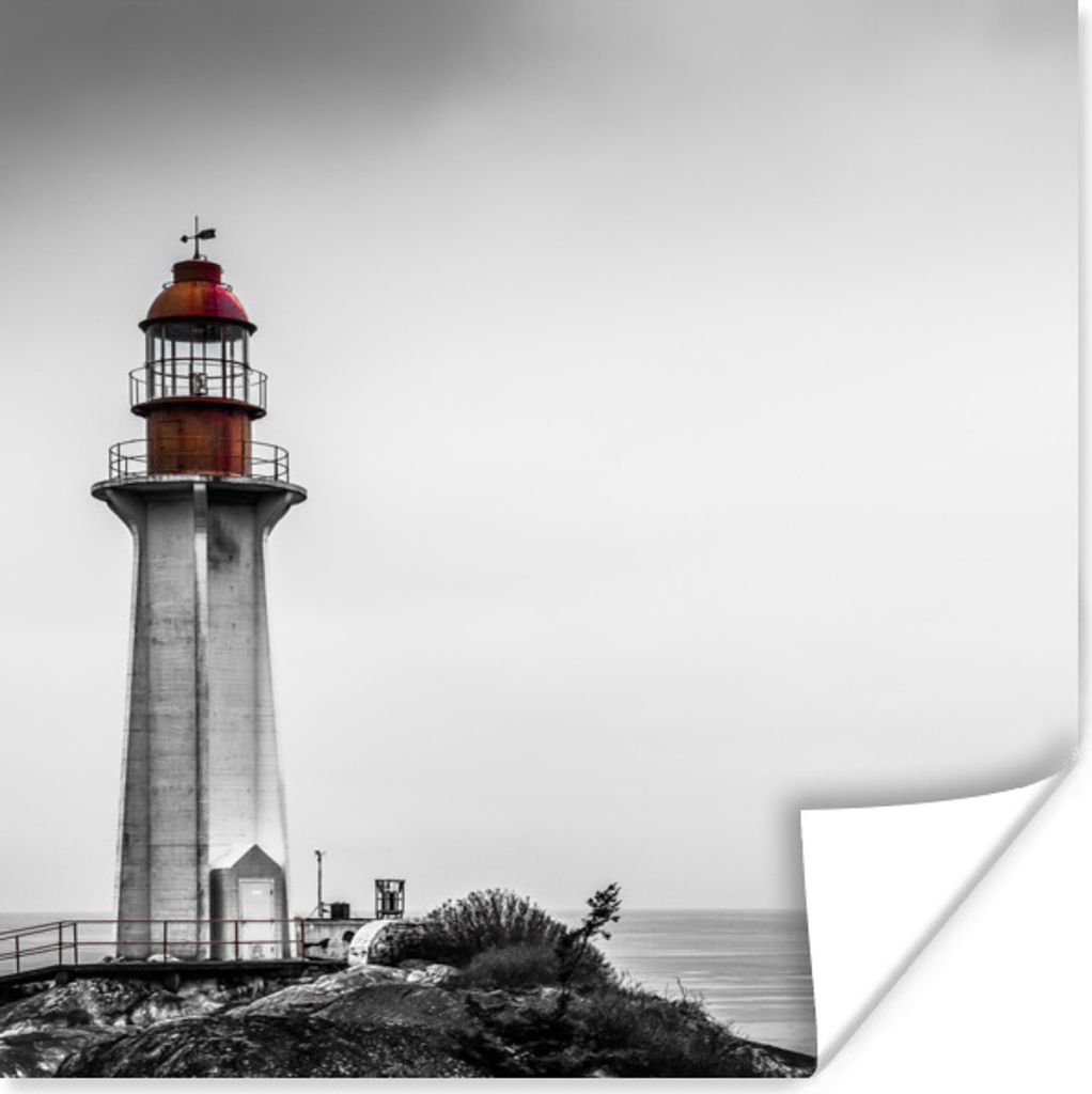 MuchoWow Poster Schwarz-Weiß-Foto eines Leuchtturms im Westen von Vancouver 100x100 cm - Babyzimmer