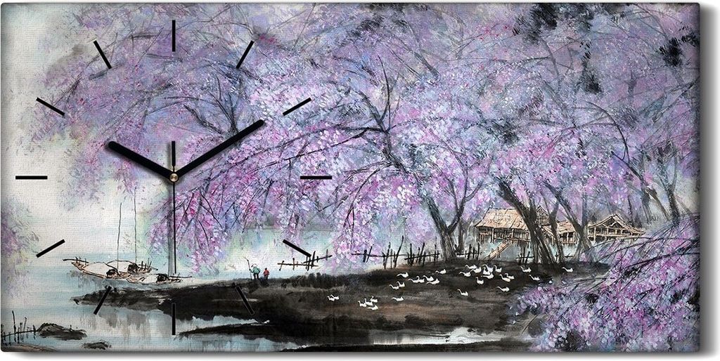 Dekor Leinwand Uhr Wandbilder 60x30 Malerei Asiatische Bäume Blumen Boote Kunst - schwarze Hände
