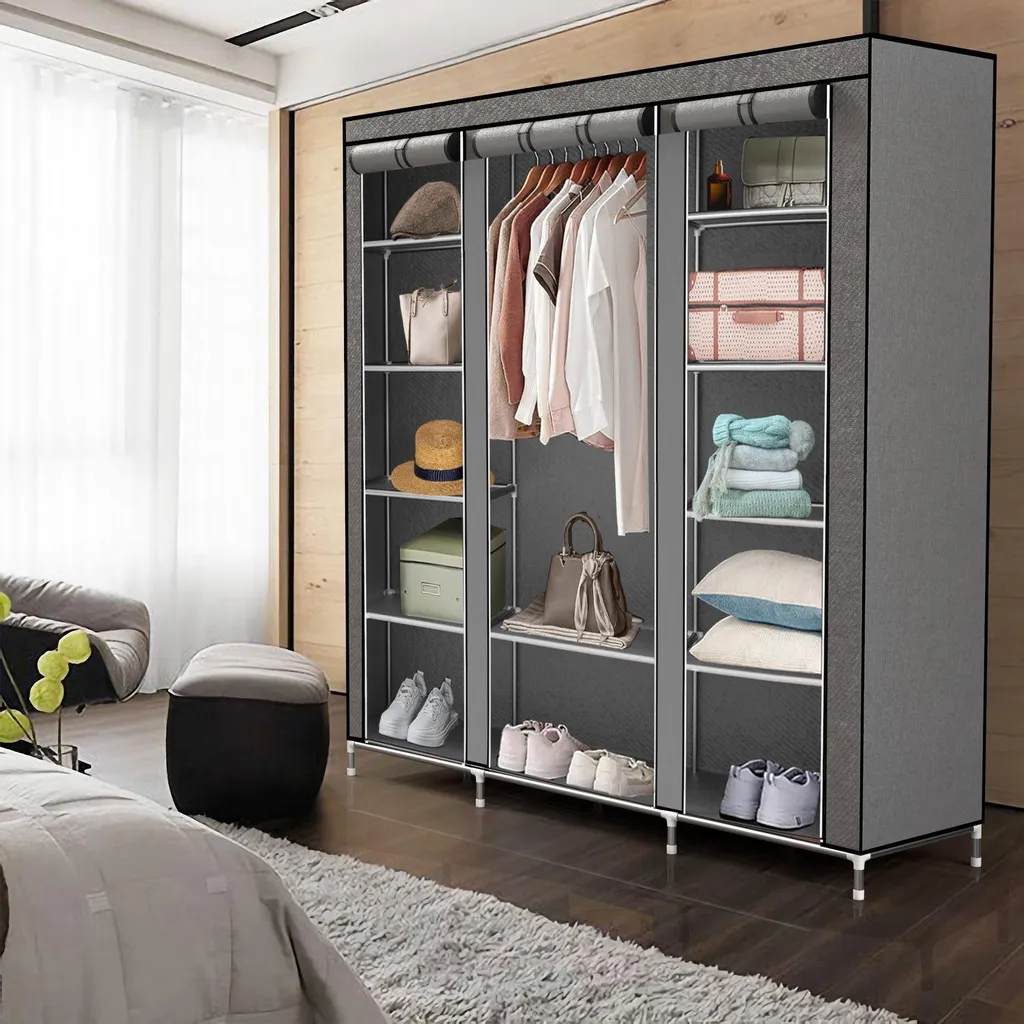 Armoire en tissu gris 150 cm avec tringle et poches de rangement lat