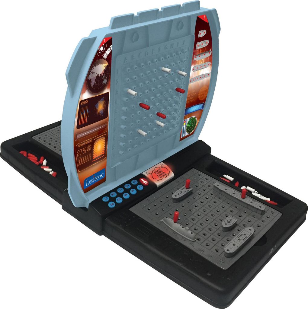 A Battleship electronic game board with ships and pegs.