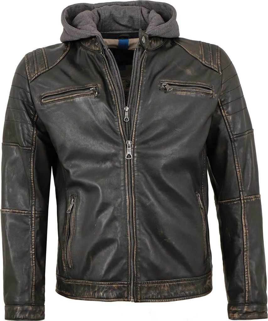 Herren Lederjacke Lammnappa Bikerjacke Kapuze schwarz-beige : 54