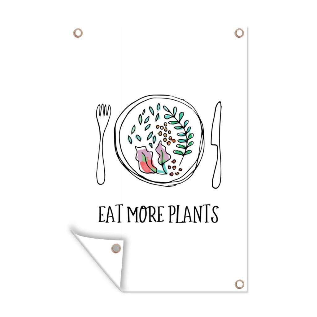 MuchoWow 60x90 cm Outdoor-Poster Gartendeko Sichtschutz Garten Poster für den Garten Veganes Zitat "Mehr Pflanzen essen" vor weißem Hintergrund