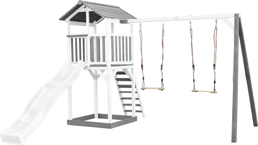 AXI Beach Tower Spielturm aus Holz in Weiß & Grau | Spielhaus für Kinder mit weißer Rutsche, Doppelschaukel und Sandkasten | Stelzenhaus für de...
