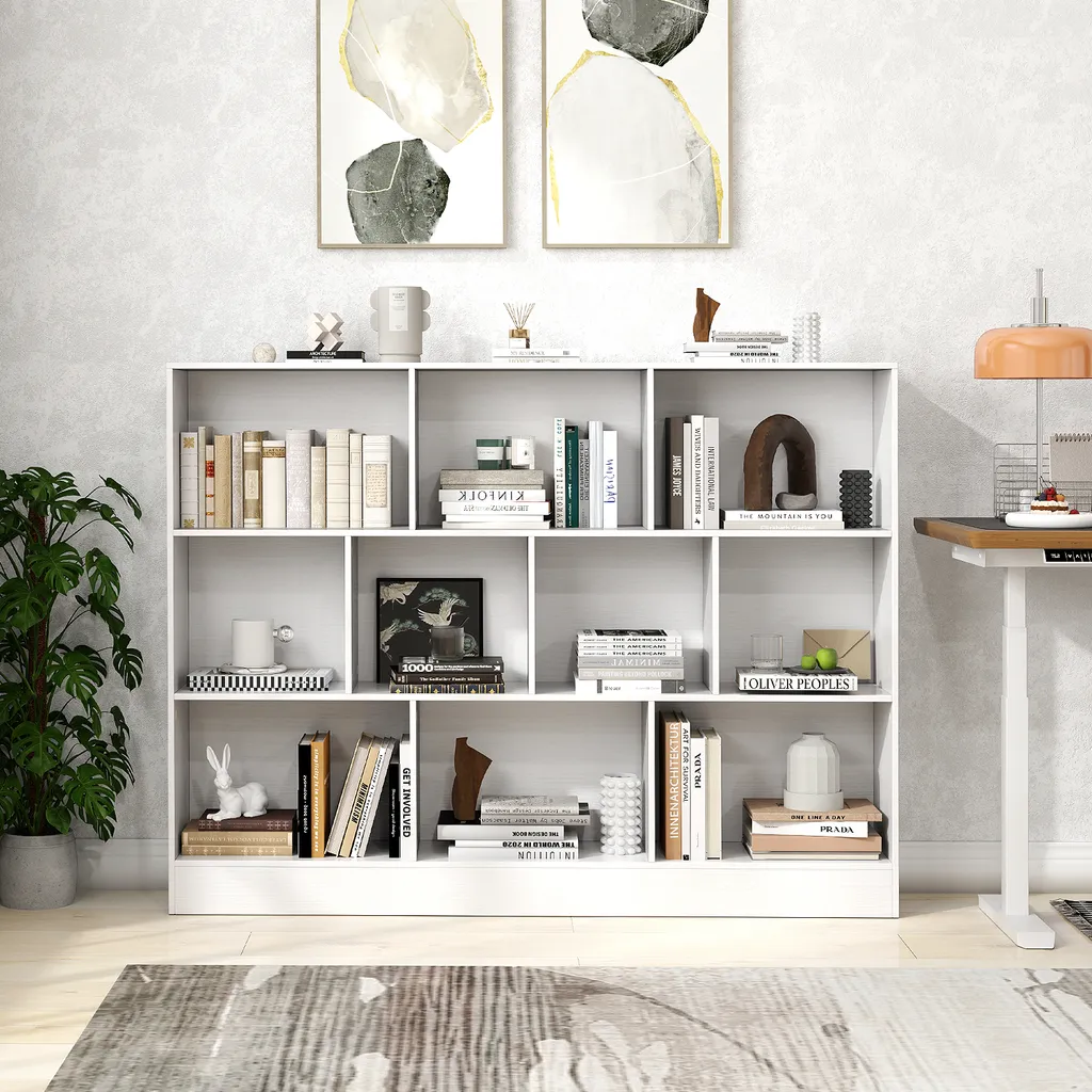Meuble bibliothèque blanc 3 niveaux grande capacité 10 compartiments