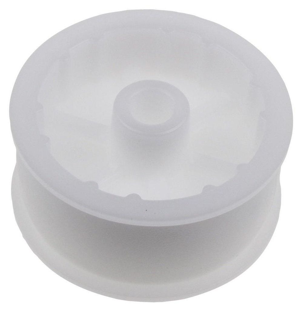 A white plastic pulley wheel with a central hub.