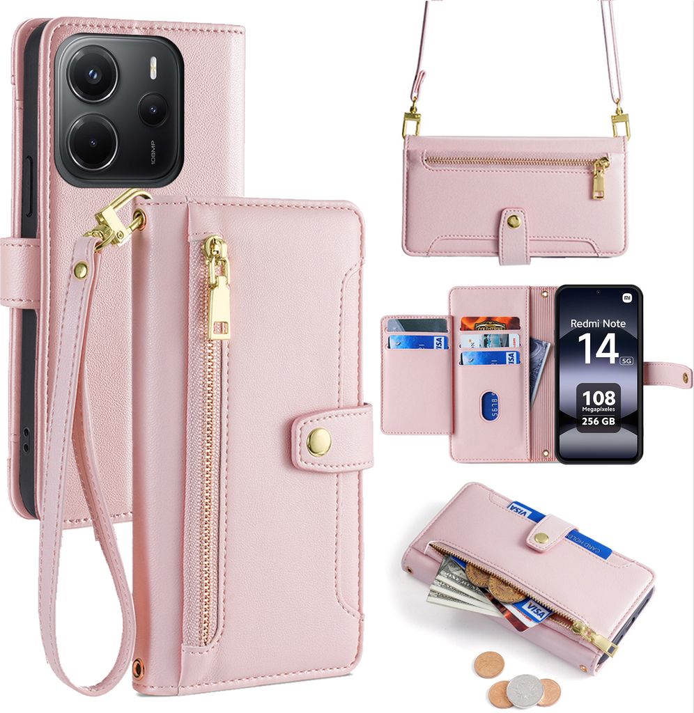 Handykette Xiaomi Redmi Note 14 5G Hülle mit Band Handyhülle Kartenfächer Kunstleder Umhängetasche in Rosa