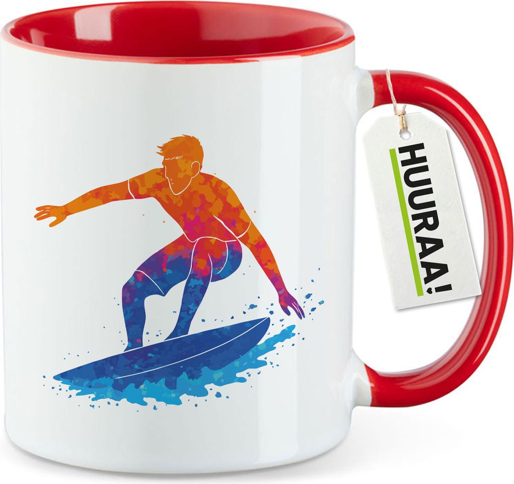 Huuraa Kaffeetasse Surfen bunte Silhouette 330ml Rot Keramik Kaffeebecher Geschenkidee