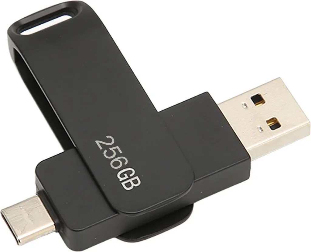 Clé USB Double Connectique 256 Go Métal Noir, Transfert Rapide 2 en 1