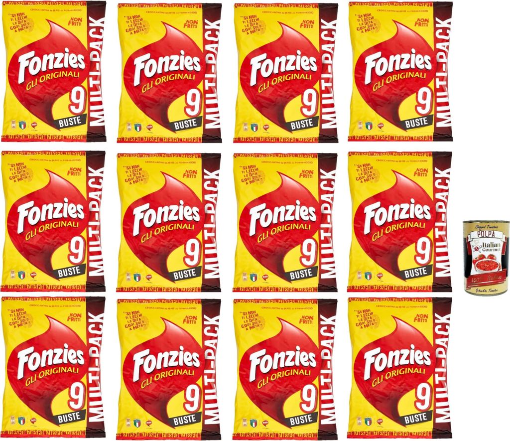 Fonzies Der originale, Original knusprige Mais-Snack mit Käse-Geschmack, Mais snack mit Käse Multipack – 9 Beutel, 12x 212 g + Italian gourmet ...