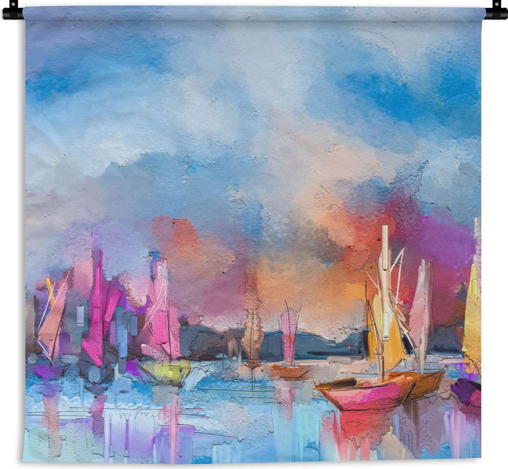 MuchoWow Wandteppich Wandbehang Malerei - Boote - Wasser 120x120 cm Tapisserie Dekoration Wandtuch - Modern - Baumwollgewebe