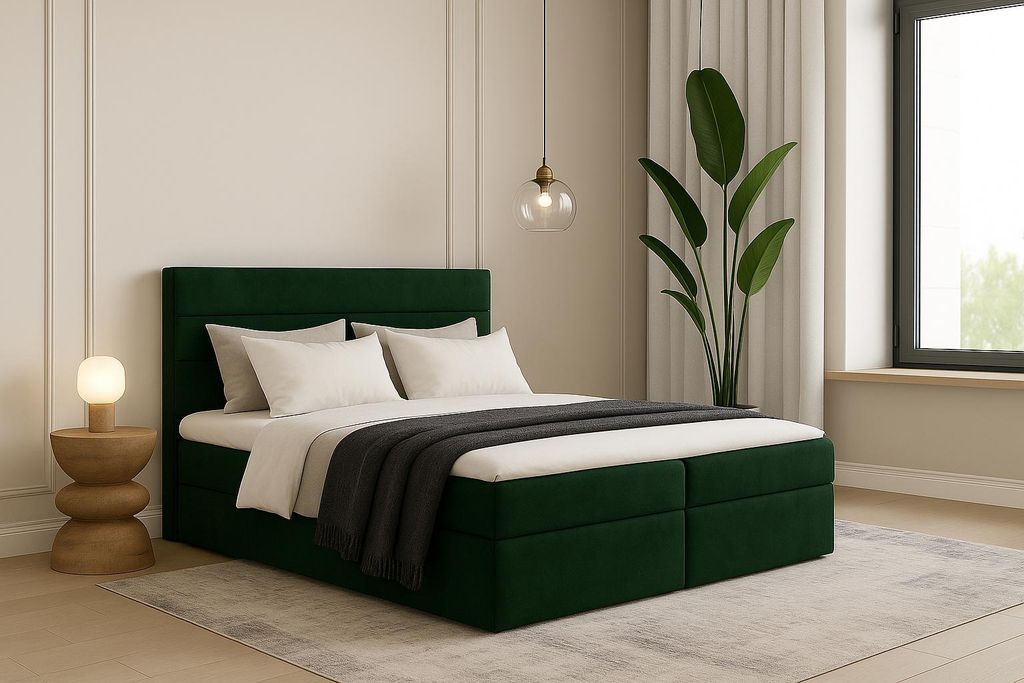 GUTTO Boxspringbett BELLA ohne Füße – Inklusive Taschenfederkernmatratze – Luxus & Komfort vereint!!Grün Velours Samtbett ohne Füße!!