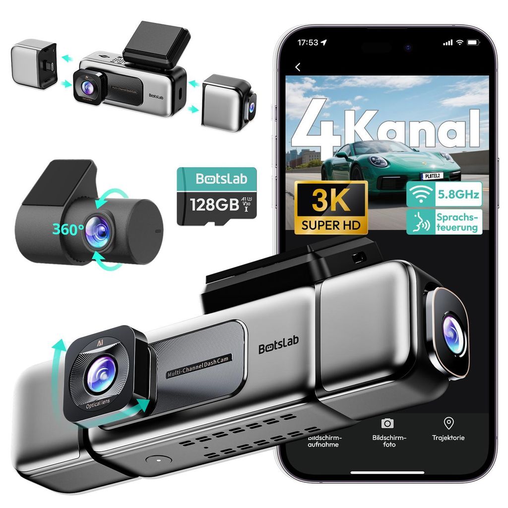 BOTSLAB 4 Kanal Dashcam Auto Vorne Hinten, 4 Channel 3K+3 * 1080P, Autokamera mit 128GB SD Karte, GPS 5GHz WiFi,3.18" IPS-Bildschirm,Super Nachtsicht