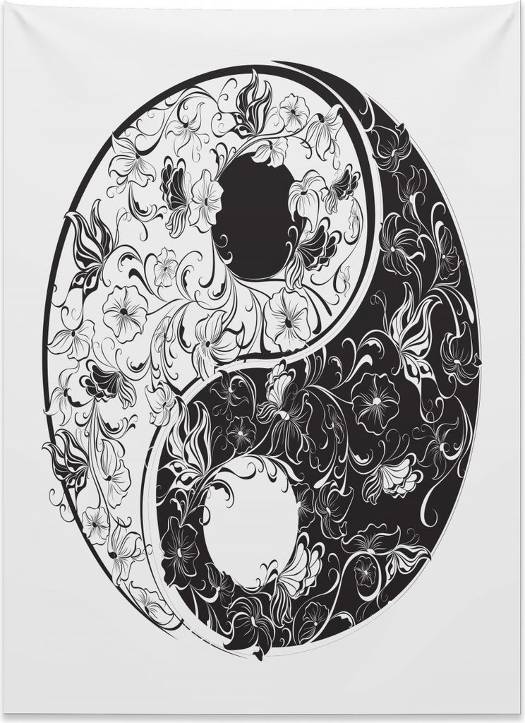 Abakuhaus Yin-Yang Wandteppich, Blumenornament aus Weiches Mikrofaser Stoff Kein Verblassen Klare Farben Waschbar, 110 x 150 cm, Dunkle Taupe und W...