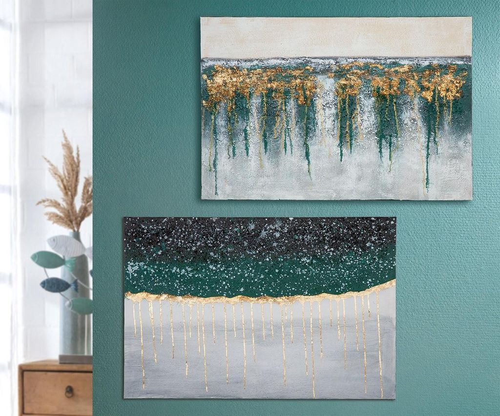 Gilde Bild, rechteckig, "Golden Shiver", Holz, Leinwand, blau, goldfarben, L. 2.5 cm, B. 90 cm, H. 60 cm 38182 4063387381823 2 Stück (2-fach sorti...
