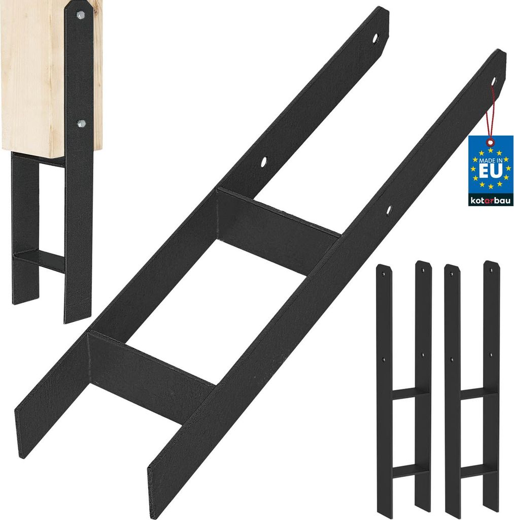A product shot of black metal post supports and a wooden post, with a small EU certification tag.
